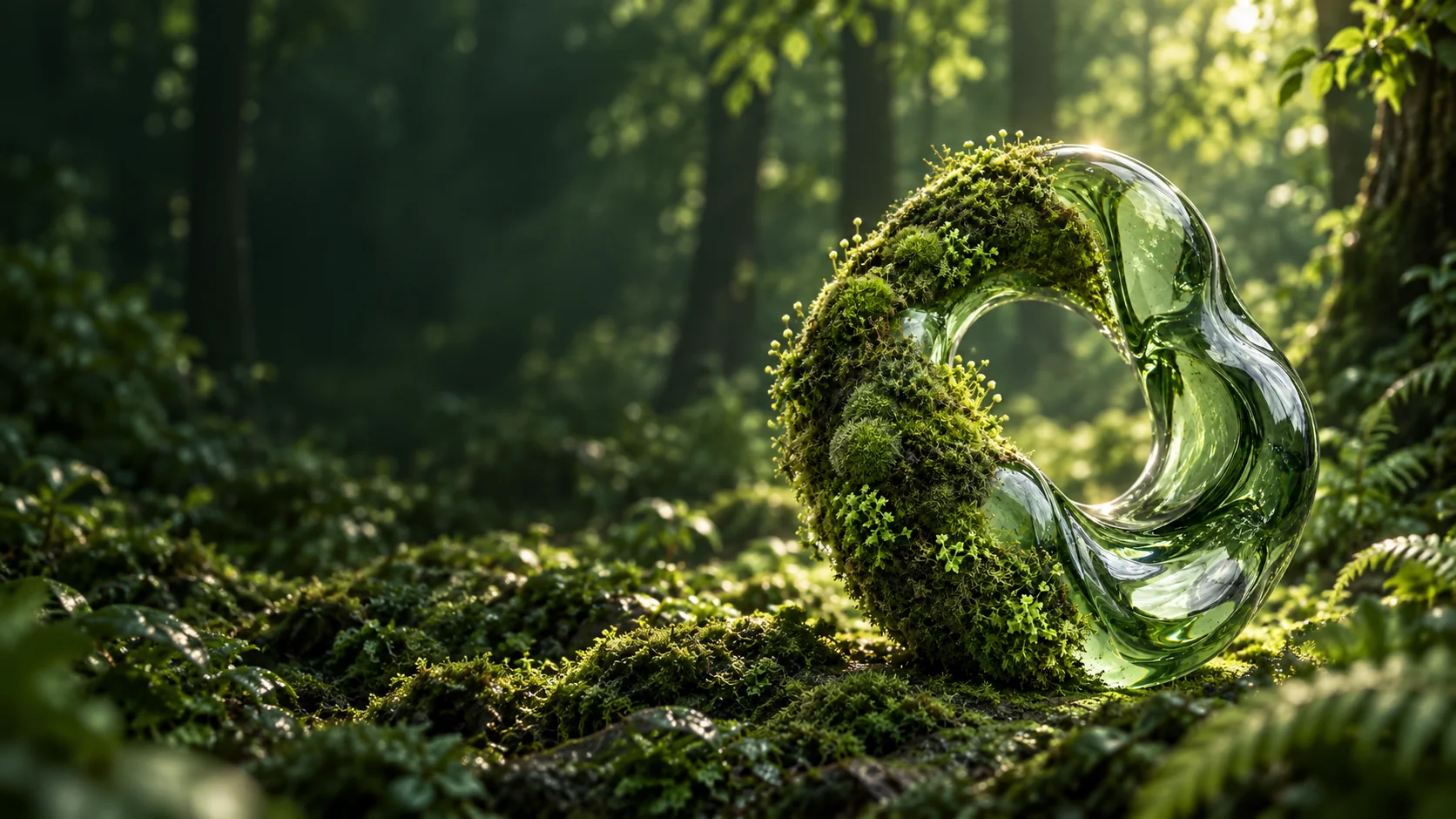 A green glass loop resting in a sunlit forest, with living moss growing across its surface and the woodland floor.